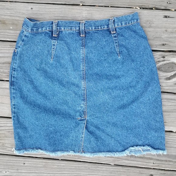 Vintage Denim Skirt Jeans w/ Fringe Aline Mini Distressed Frayed Edge L-XL - Picture 8 of 8
